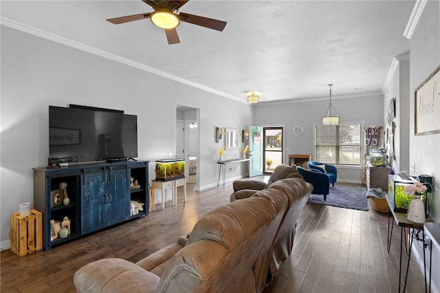 11003 David Ct, Siloam Springs, AR 72761 - living area featuring crown molding, baseboards, ceiling fan, and dark wood finished floors