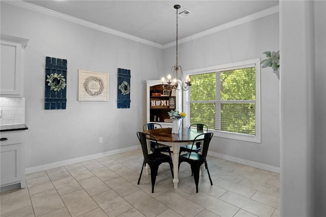 11003 David Ct, Siloam Springs, AR 72761 - dining space featuring crown molding, baseboards, visible vents, and an inviting chandelier