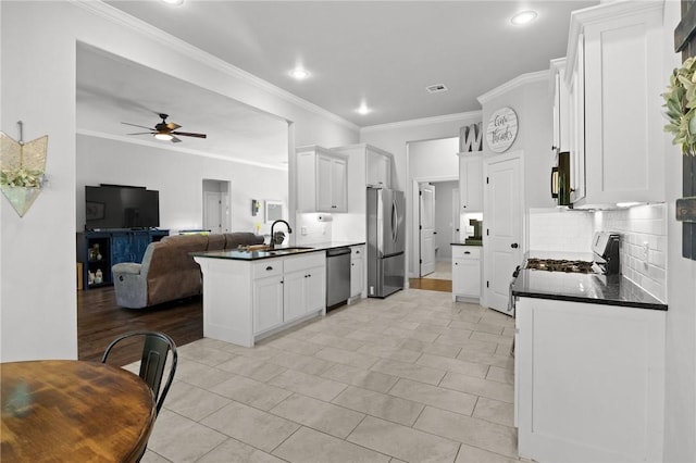 11003 David Ct, Siloam Springs, AR 72761 - kitchen with dark countertops, a sink, open floor plan, ornamental molding, and stainless steel appliances