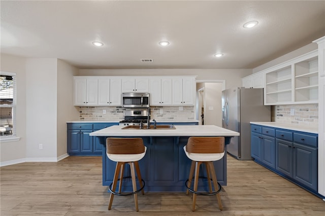 6431 Summer Shade, Van Buren, AR 72956 - kitchen featuring blue cabinets, open shelves, a kitchen bar, and stainless steel appliances