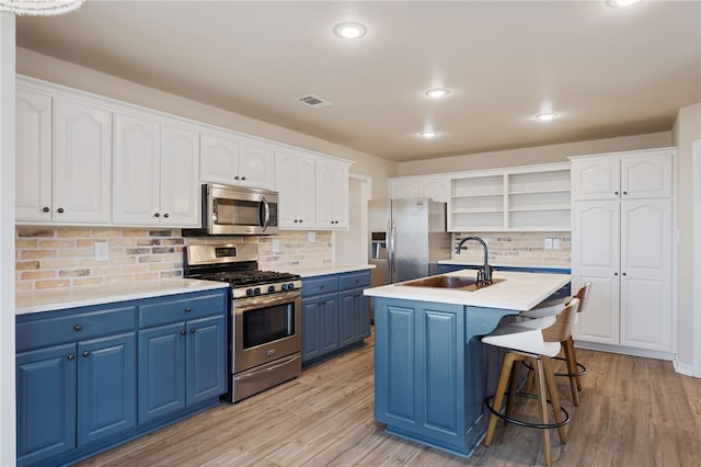 6431 Summer Shade, Van Buren, AR 72956 - kitchen with blue cabinetry, open shelves, light wood-type flooring, a sink, and stainless steel appliances
