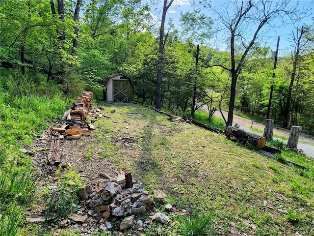view of yard with an outdoor structure and a shed