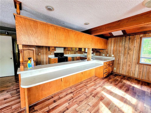 kitchen with a textured ceiling, wood walls, wood finished floors, and black range with electric cooktop