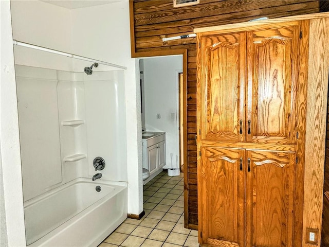 bathroom featuring tile patterned floors, visible vents,  shower combination, and vanity