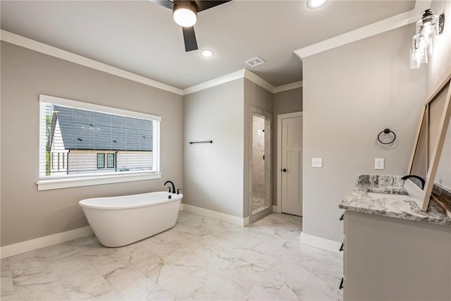 bathroom with baseboards, a ceiling fan, marble finish floor, and visible vents