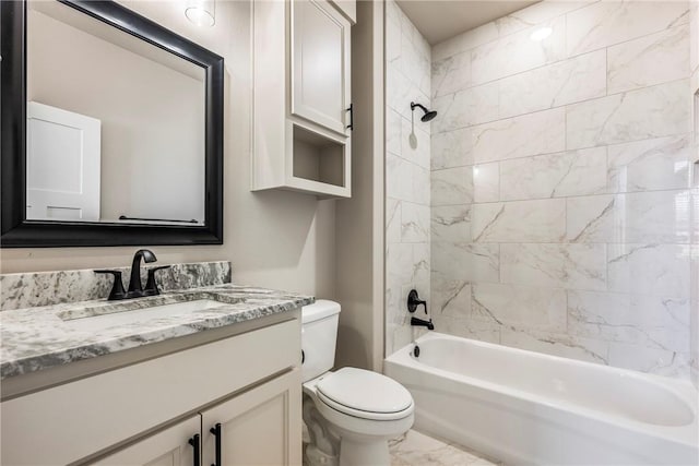 full bathroom with vanity, bathtub / shower combination, toilet, and marble finish floor