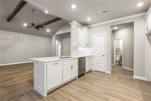 2109 Abbott Ln, Pea Ridge, AR 72751 - kitchen featuring ceiling fan, dishwasher, a sink, a peninsula, and white cabinetry