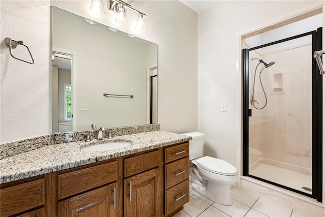 bathroom with tile patterned floors, toilet, a shower stall, and vanity