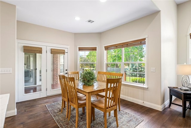 dining room featuring baseboards, a wealth of natural light, and dark wood-style flooring