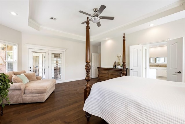bedroom with wood finished floors, ornamental molding, baseboards, visible vents, and access to outside
