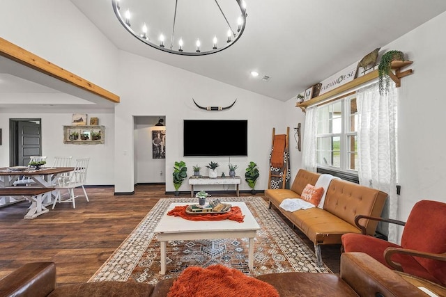 living room featuring wood finished floors, baseboards, high vaulted ceiling, recessed lighting, and a notable chandelier