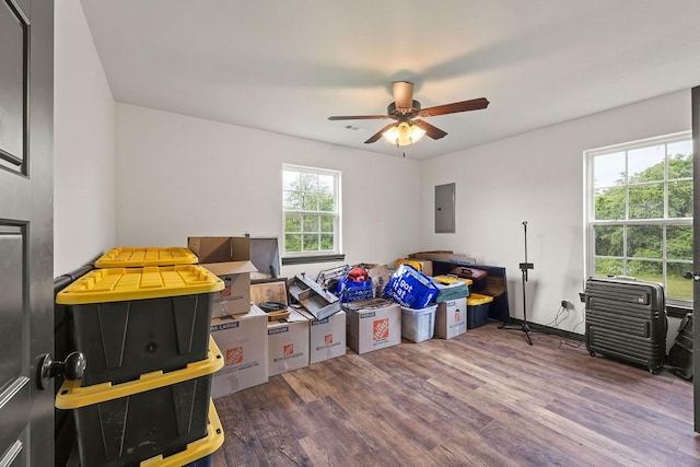 interior space with ceiling fan, wood finished floors, and electric panel