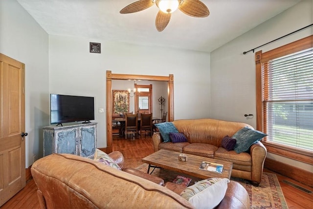 605 N Wright St, Siloam Springs, AR 72761 - living room featuring a ceiling fan, wood finished floors, and visible vents