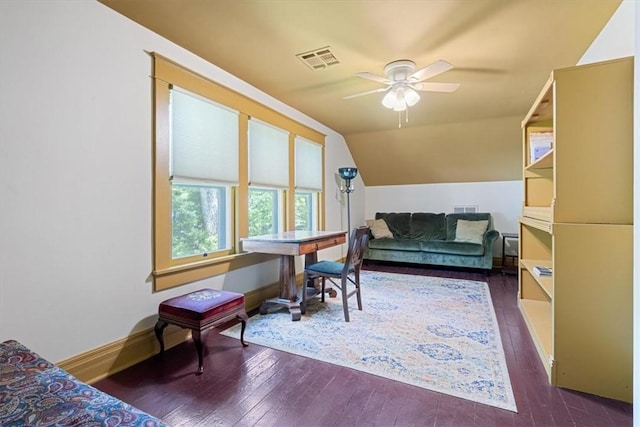 605 N Wright St, Siloam Springs, AR 72761 - interior space with visible vents, dark wood finished floors, baseboards, and vaulted ceiling
