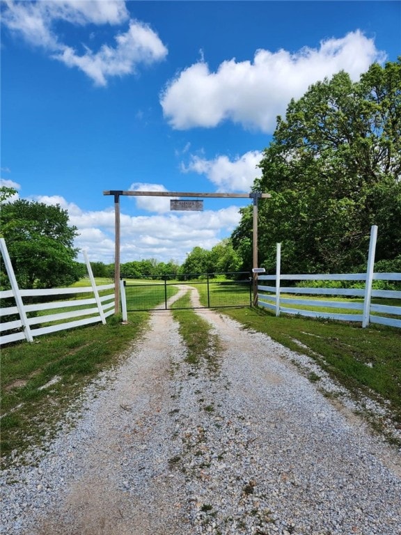 view of road featuring a gate, a gated entry, and a rural view