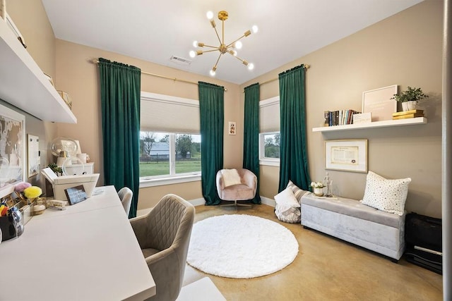 interior space featuring baseboards, a chandelier, and visible vents