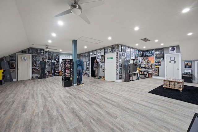 16000 Peterson Rd, Gentry, AR 72734 - workout area featuring a ceiling fan, wood finished floors, recessed lighting, and vaulted ceiling