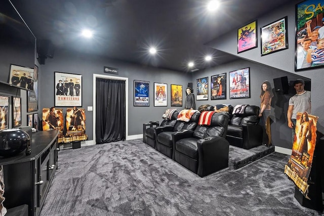 carpeted home theater featuring recessed lighting and baseboards
