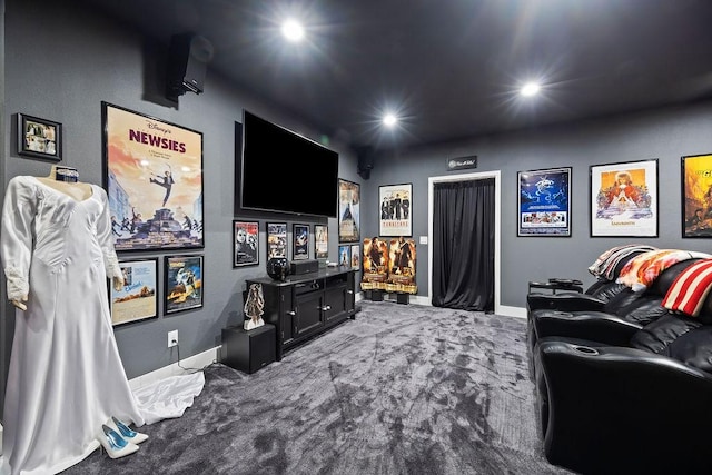 home theater room with baseboards, carpet flooring, and recessed lighting