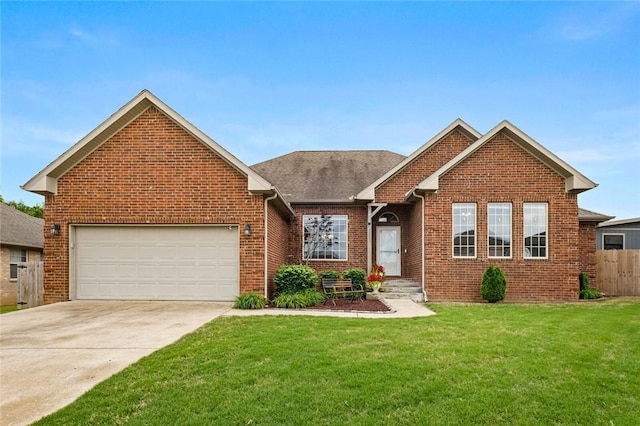 view of front of house with brick siding, concrete driveway, an attached garage, and a shingled roof