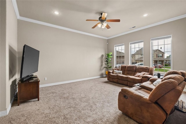 living room with a ceiling fan, carpet floors, baseboards, crown molding, and recessed lighting