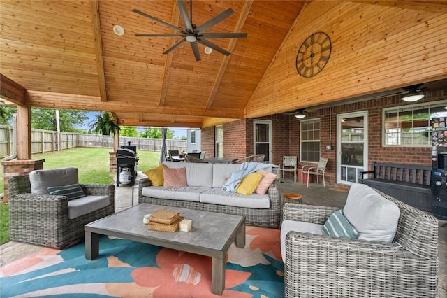 view of patio with an outdoor hangout area, a ceiling fan, and area for grilling