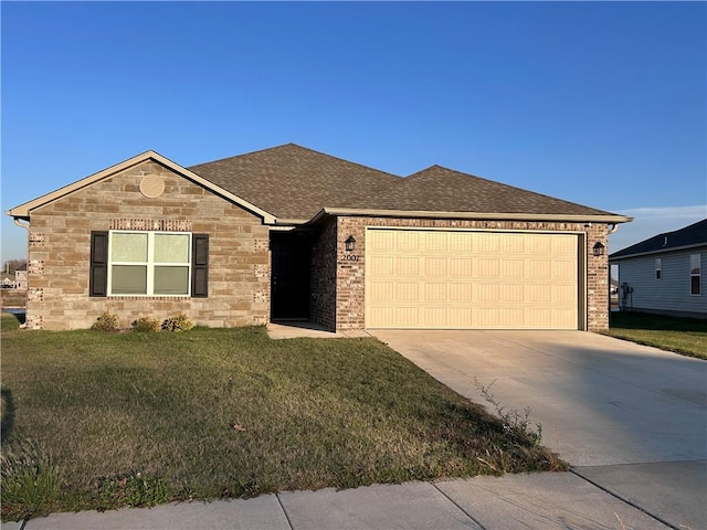 2007 Fennec St, Siloam Springs, AR 72761 - ranch-style home with an attached garage, brick siding, concrete driveway, a front yard, and a shingled roof