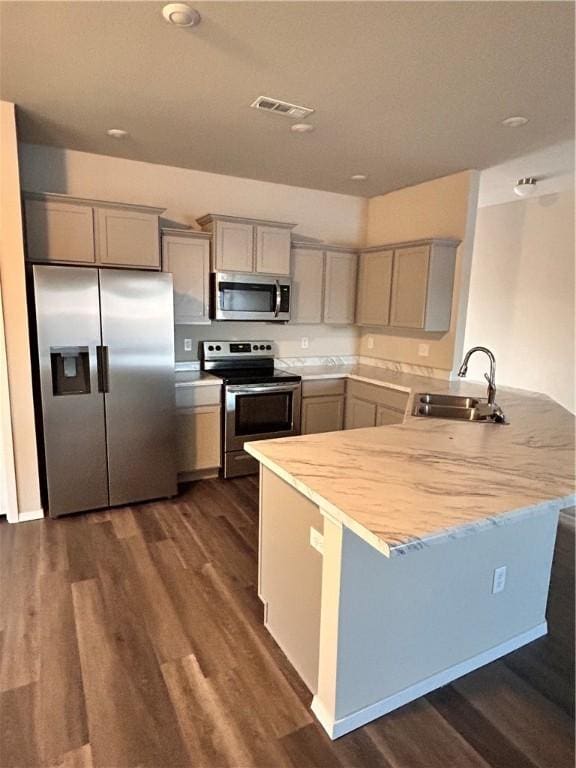 2007 Fennec St, Siloam Springs, AR 72761 - kitchen featuring a peninsula, a sink, stainless steel appliances, gray cabinets, and visible vents