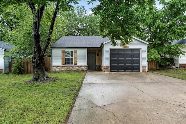 single story home featuring fence, an attached garage, brick siding, and concrete driveway