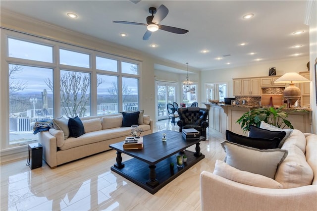 1800 Wheaton Trce, Fort Smith, AR 72908 - living room featuring crown molding, ceiling fan, and recessed lighting