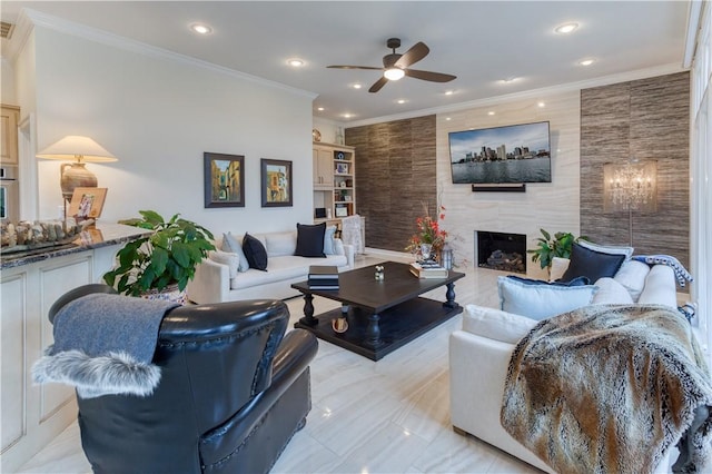 1800 Wheaton Trce, Fort Smith, AR 72908 - living area featuring tile walls, recessed lighting, ceiling fan, a high end fireplace, and crown molding
