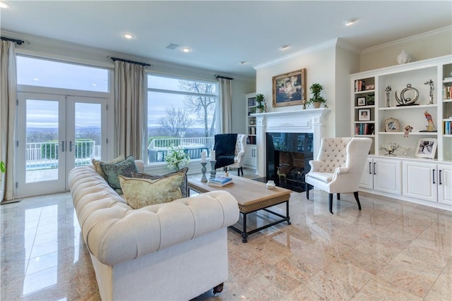 1800 Wheaton Trce, Fort Smith, AR 72908 - living area featuring crown molding, french doors, a fireplace with flush hearth, and recessed lighting