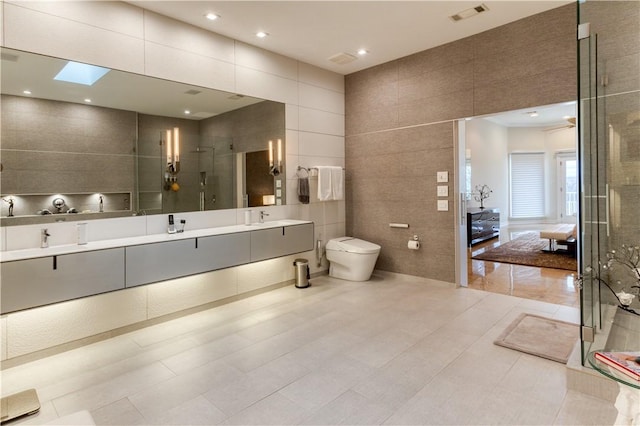 1800 Wheaton Trce, Fort Smith, AR 72908 - bathroom with double vanity, toilet, tile walls, visible vents, and a shower stall