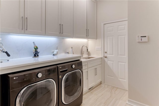 1800 Wheaton Trce, Fort Smith, AR 72908 - laundry room featuring a sink, cabinet space, marble finish floor, washing machine and clothes dryer, and baseboards