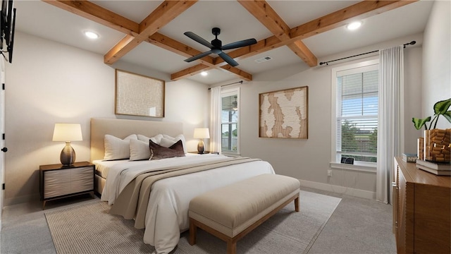 bedroom featuring coffered ceiling, beamed ceiling, baseboards, recessed lighting, and light carpet