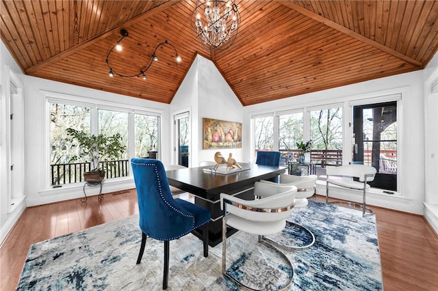 5008 Cliff Dr, Fort Smith, AR 72903 - dining room featuring wood ceiling, a chandelier, baseboards, high vaulted ceiling, and wood finished floors