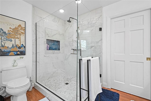 5008 Cliff Dr, Fort Smith, AR 72903 - bathroom featuring wood finished floors, a shower stall, toilet, and recessed lighting