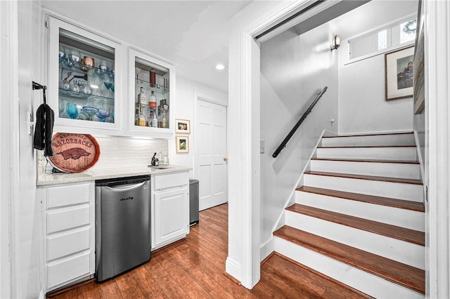 5008 Cliff Dr, Fort Smith, AR 72903 - indoor wet bar featuring fridge, dark wood-style floors, recessed lighting, and stairs