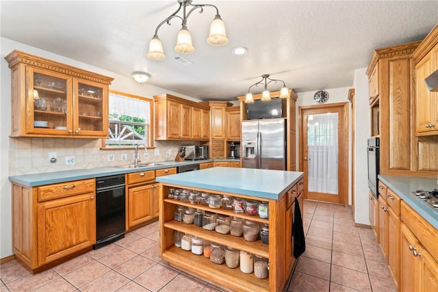 kitchen with light tile patterned floors, a sink, open shelves, appliances with stainless steel finishes, and tasteful backsplash
