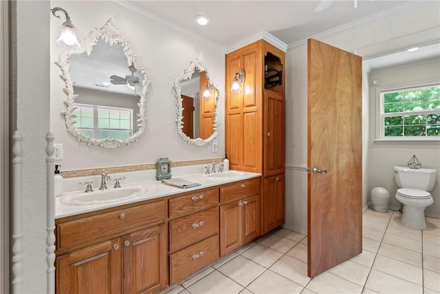 full bathroom featuring ornamental molding, tile patterned flooring, double vanity, and a sink