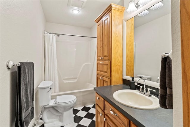 full bathroom with vanity, toilet, shower / bath combination with curtain, and tile patterned floors