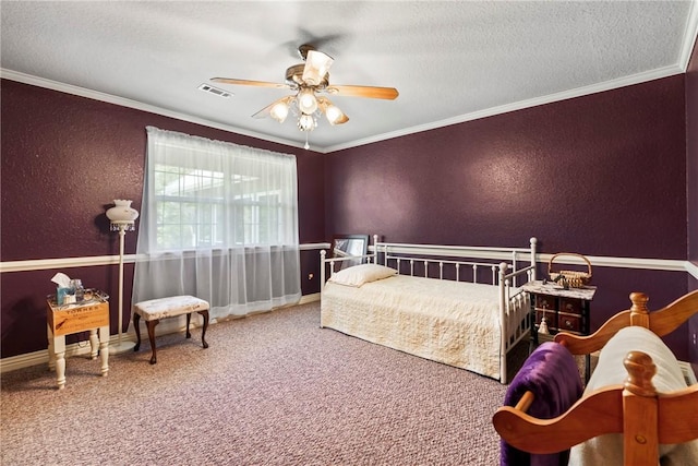 carpeted bedroom featuring crown molding, a textured ceiling, a textured wall, and visible vents