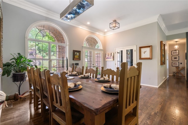 7 Croft Ledge Dr, Bentonville, AR 72712 - dining room with french doors, ornamental molding, healthy amount of natural light, dark wood-type flooring, and recessed lighting