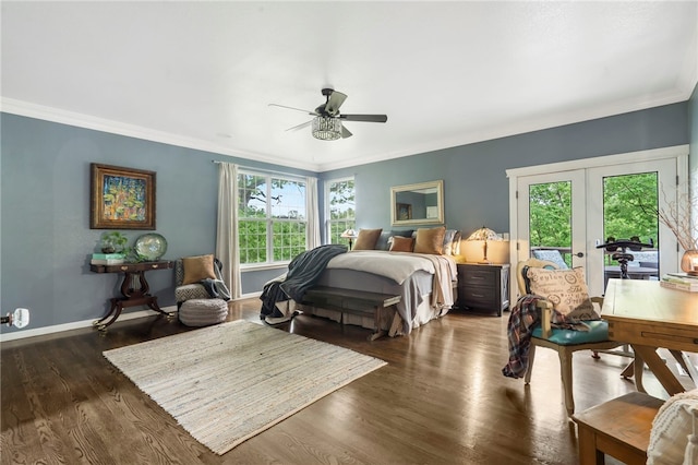 7 Croft Ledge Dr, Bentonville, AR 72712 - bedroom with access to exterior, crown molding, wood finished floors, baseboards, and ceiling fan