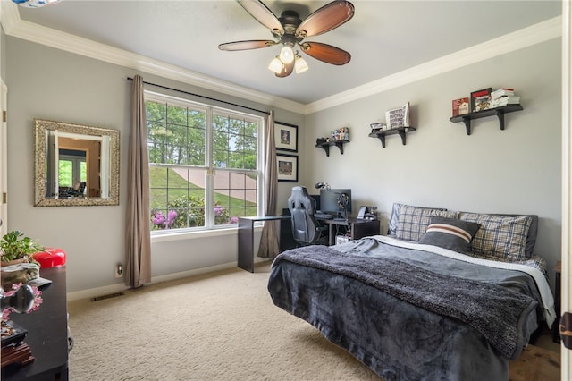 7 Croft Ledge Dr, Bentonville, AR 72712 - bedroom featuring ornamental molding, baseboards, carpet flooring, and a ceiling fan