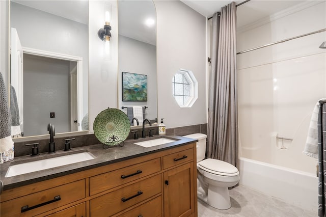 7 Croft Ledge Dr, Bentonville, AR 72712 - bathroom featuring toilet, shower / tub combo with curtain, double vanity, and tile patterned floors