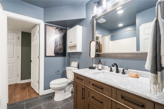7 Croft Ledge Dr, Bentonville, AR 72712 - full bathroom with toilet, tile patterned flooring, vanity, baseboards, and a shower with shower curtain