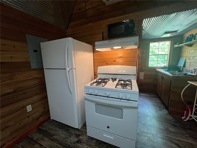 4401 Ar 74e, Jasper, AR 72641 - kitchen featuring under cabinet range hood, wood walls, and white appliances