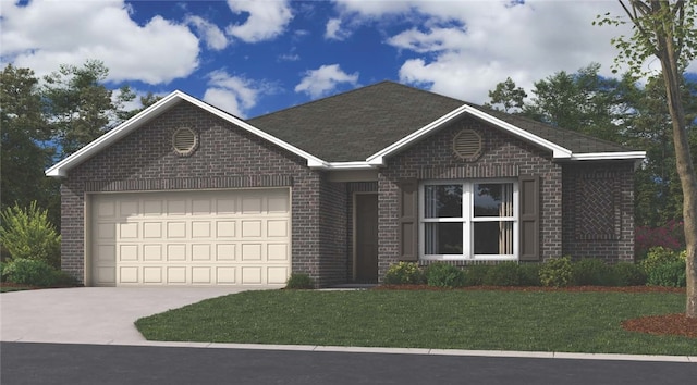 ranch-style home with concrete driveway, a front yard, brick siding, and a garage