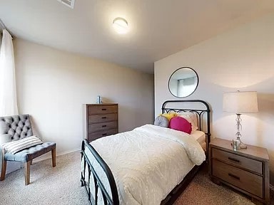 bedroom with baseboards, visible vents, and carpet floors